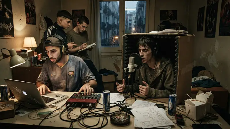 Jóvenes músicos inspirados en los pioneros del trap español crean música de forma independiente en un piso de Barcelona.