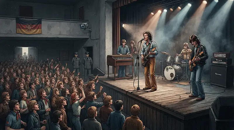 “Banda de rock inspirada en el Ost-Rock toca ante jóvenes de la RDA mientras la vigilancia estatal permanece al fondo.”
