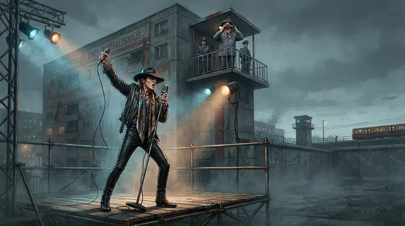 “Rockero inspirado en Udo Lindenberg desafía simbólicamente a la autoridad de la Alemania Oriental durante la Guerra Fría.”