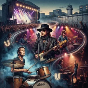 Ilustración de Udo Lindenberg recorriendo las distintas etapas de su carrera, desde sus comienzos como baterista hasta el éxito con el Panikorchester y sus conciertos tras la caída del Muro de Berlín.