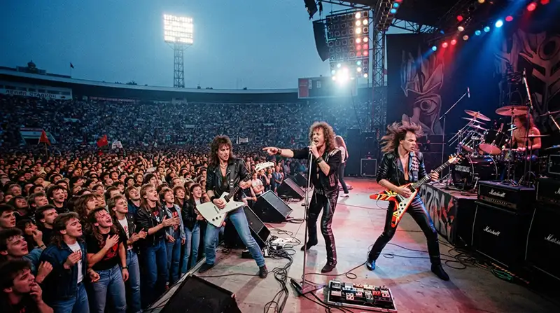 Músicos inspirados en Scorpions actuando ante una multitud en el Moscow Music Peace Festival de 1989.