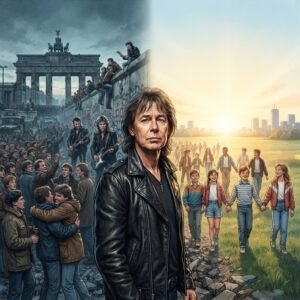 Músico inspirado en Klaus Meine y Scorpions entre la caída del Muro de Berlín y una nueva generación que representa el futuro imaginado por “Wind of Change”.