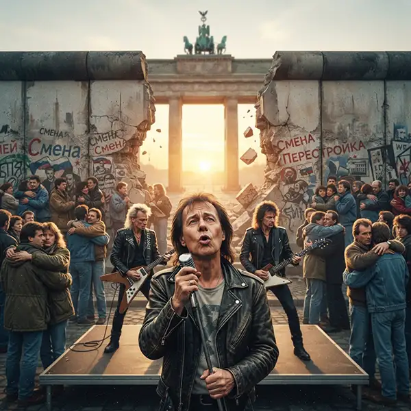 Klaus Meine de Scorpions frente al Muro de Berlín durante una representación del momento histórico asociado con “Wind of Change”.