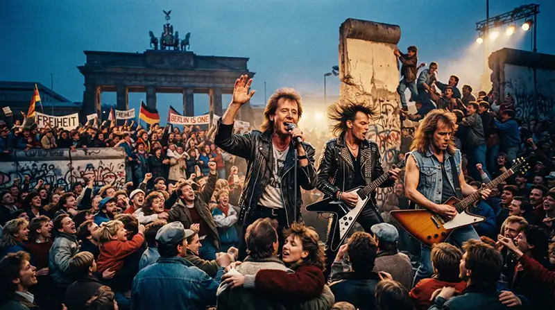 Músicos inspirados en Scorpions y una multitud celebrando el ambiente de esperanza asociado con la caída del Muro de Berlín.