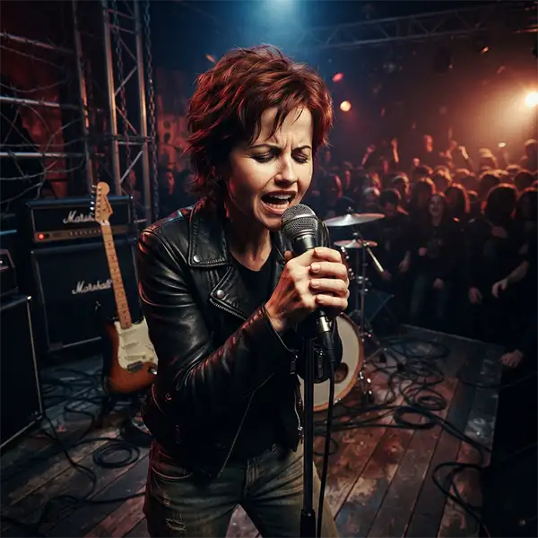Cantante inspirada en Dolores O’Riordan interpretando rock alternativo en una recreación de la época de Zombie.