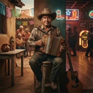 Acordeonista mexicanoamericano en una representación visual del debate sobre la identidad cultural del Tex-Mex.