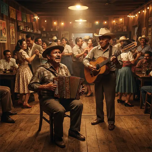 tex-mex Historia destacada “Músicos mexicanoamericanos interpretando Tex-Mex con acordeón y bajo sexto en un salón de baile de Texas.”