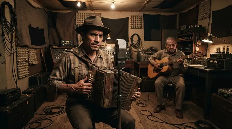 Músicos mexicanoamericanos grabando un conjunto Tex-Mex con acordeón y bajo sexto durante la década de 1930.