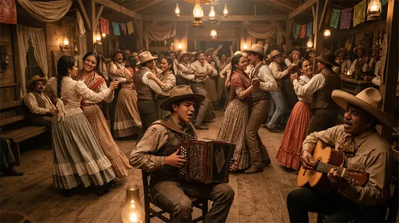 Celebración comunitaria mexicoamericana en el sur de Texas a finales del siglo XIX con músicos tocando acordeón y guitarra.