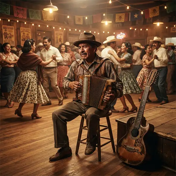 “Acordeonista interpretando Tex-Mex junto a un bajo sexto en un salón de baile fronterizo.”