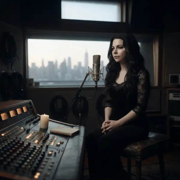 Cantante inspirada en Amy Lee junto a un micrófono, evocando la memoria, el duelo y la historia de “My Last Breath” tras el 11 de septiembre.