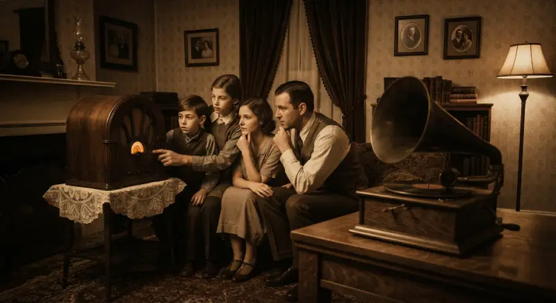Familia de los años veinte escucha la radio mientras un fonógrafo con un disco de 78 rpm permanece junto al receptor.