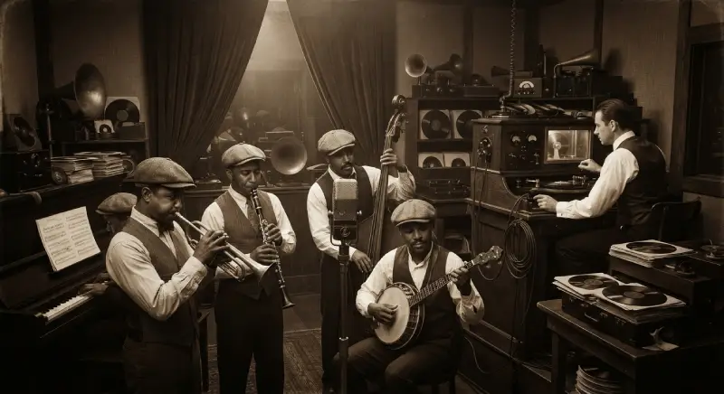 Músicos de jazz durante una recreación editorial de una sesión de grabación de mediados de los años veinte.