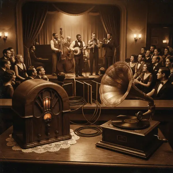 Radio, gramófono y músicos de jazz representan la transformación de la música de la década de 1920.