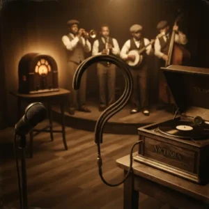 Gramófono, radio y músicos de jazz de los años veinte forman una composición con un signo de interrogación para representar una trivia musical.