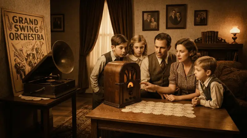 Familia de los años treinta reunida alrededor de una radio mientras escucha música.