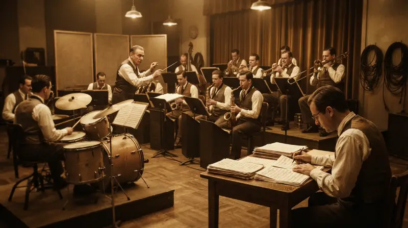 Gran orquesta de swing de los años treinta durante un ensayo con músicos, director y partituras.