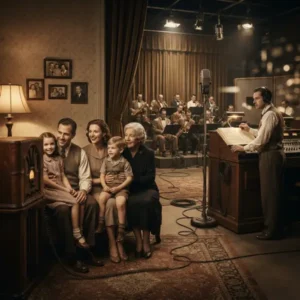 Radio de los años treinta conectando un hogar con una orquesta durante una transmisión musical.