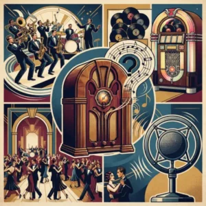 1930 trivia Radio, jukebox y gran orquesta de swing representan una trivia sobre la música de los años treinta.