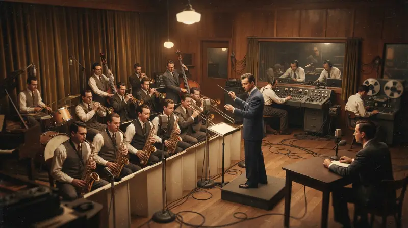 Orquesta de swing transmitiendo música desde un estudio de radio durante los años 40.