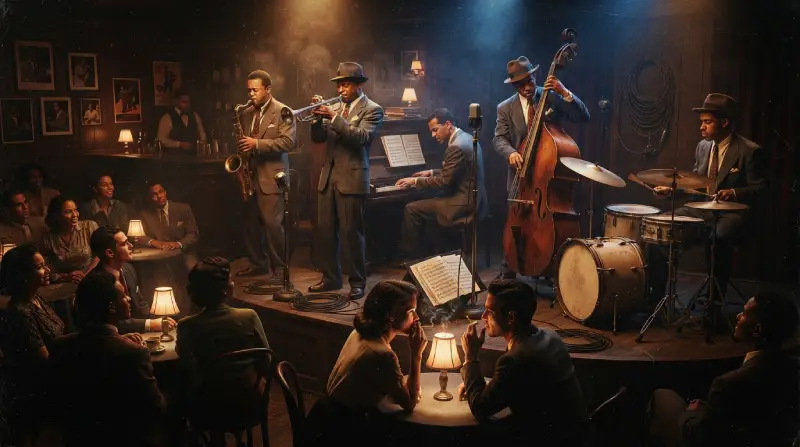 Pequeño conjunto de jazz tocando bebop en un club de Harlem durante los años 40.