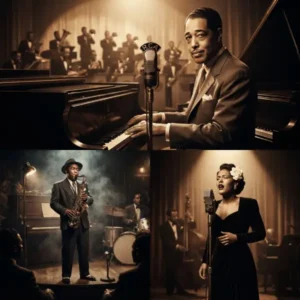 Duke Ellington, Charlie Parker y Billie Holiday representados en una composición editorial sobre los grandes artistas de losDuke Ellington, Charlie Parker y Billie Holiday representados en una composición editorial sobre los grandes artistas de los años 40.Duke Ellington, Charlie Parker y Billie Holiday representados en una composición editorial sobre los grandes artistas de los años 40. años 40.