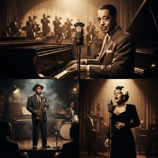 Duke Ellington, Charlie Parker y Billie Holiday representados en una composición editorial sobre los grandes artistas de losDuke Ellington, Charlie Parker y Billie Holiday representados en una composición editorial sobre los grandes artistas de los años 40.Duke Ellington, Charlie Parker y Billie Holiday representados en una composición editorial sobre los grandes artistas de los años 40. años 40.
