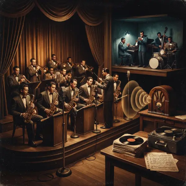 Ilustración editorial de una orquesta de swing y un pequeño grupo de jazz representando la transformación de la música durante los años 40.