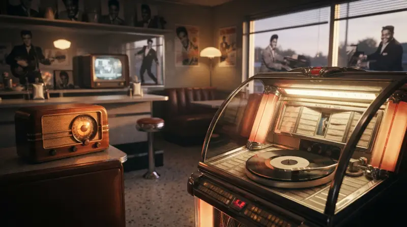 Jukebox, radio y televisión representan la transformación de la música de los años 50