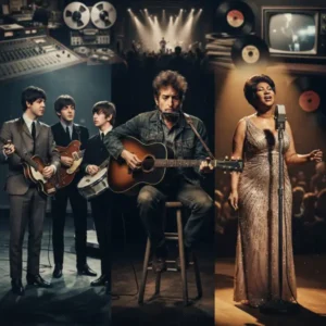 Ilustración comparativa de The Beatles, Bob Dylan y Aretha Franklin como candidatos a los artistas más destacados de los años 60.