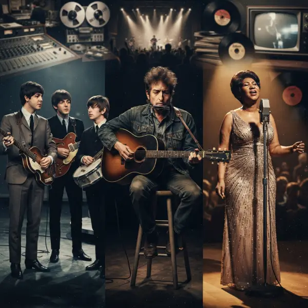 Ilustración comparativa de The Beatles, Bob Dylan y Aretha Franklin como candidatos a los artistas más destacados de los años 60.