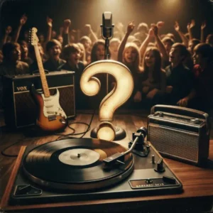 1960 Trivia Ilustración de trivia sobre la música de los años 60 con un tocadiscos, guitarra eléctrica, radio portátil, público juvenil y un signo de interrogación.
