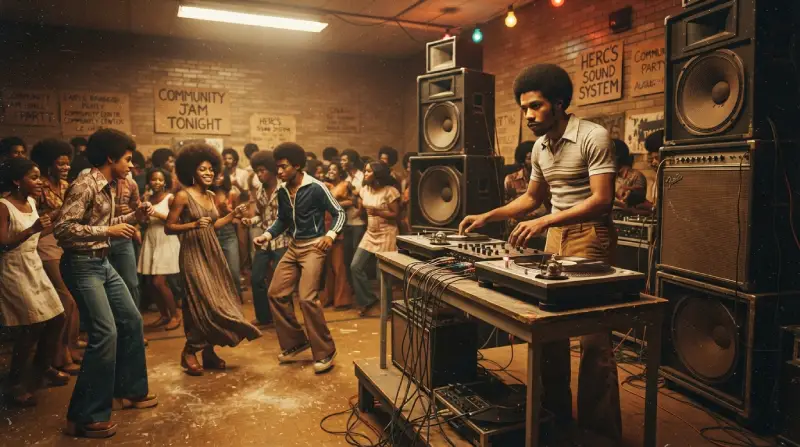 “Recreación editorial de DJ Kool Herc realizando su técnica de breaks en una fiesta del Bronx en 1973.”