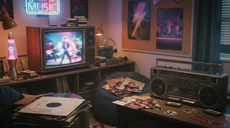 “Habitación de los años 80 con televisor, videoclip, casetes, boombox y música en formato doméstico.”