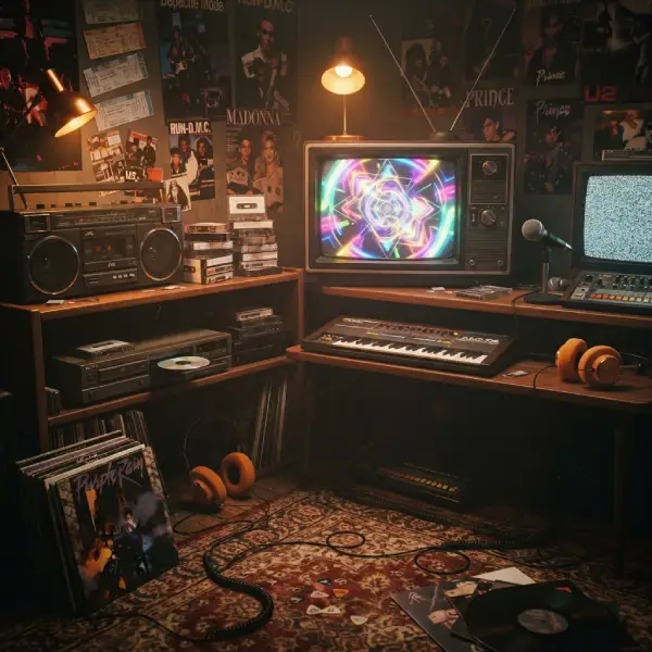 Trivia sobre la música de los años 80 con televisor, casetes, CD, sintetizadores y elementos del hip hop y el pop.