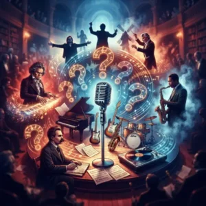 20 frases celebres trivia Escena de trivia musical con instrumentos y figuras inspiradas en distintas épocas que representan un desafío para reconocer frases célebres.