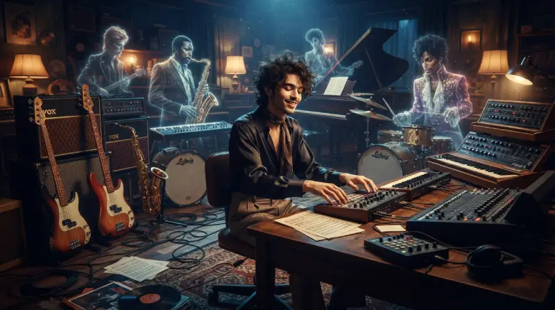 Músico creando su propia identidad sonora rodeado de instrumentos e influencias de distintas generaciones.