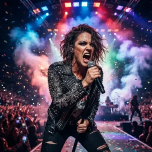 Alejandra Guzmán interpretando un concierto de rock en vivo sobre un escenario con luces y efectos visuales.