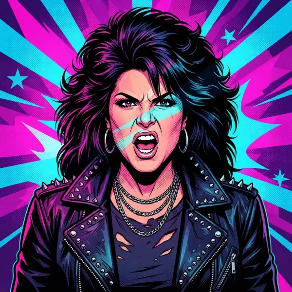 Alejandra Guzmán destacada Ilustración estilo pop-art retro de Alejandra Guzmán con chamarra de cuero y actitud rockera.