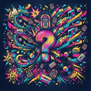 Ilustración conceptual estilo pop-art con elementos de música y un signo de interrogación para trivia interactiva.