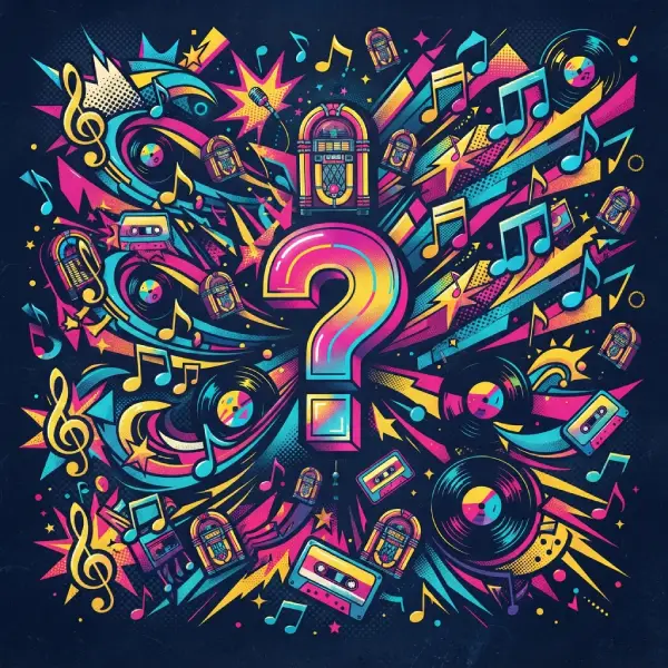 Ilustración conceptual estilo pop-art con elementos de música y un signo de interrogación para trivia interactiva.