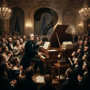 Antes 1920 trivia Franz Liszt ante un público fascinado, con un signo de interrogación integrado en una escena sobre la música antes de 1920.