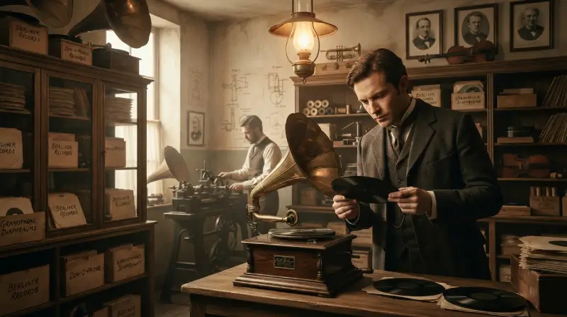 Un gramófono y un disco plano representan el nacimiento de la música grabada como producto.
