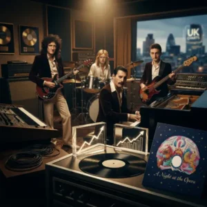 Representación de Queen y elementos de una lista musical británica representan el regreso de Bohemian Rhapsody a los charts décadas después de su lanzamiento.