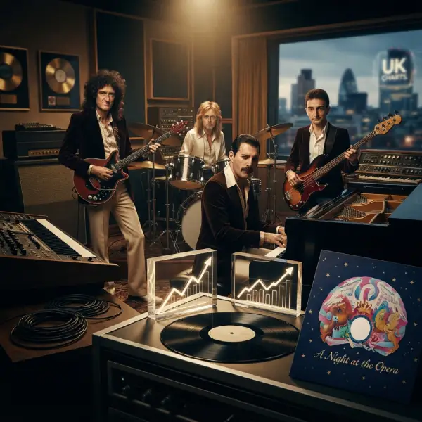 Bohemia actualidad Representación de Queen y elementos de una lista musical británica representan el regreso de Bohemian Rhapsody a los charts décadas después de su lanzamiento.