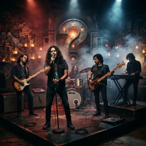 Banda ficticia de rock mexicano de los años 90 en un escenario, con un signo de interrogación integrado en la escenografía, para una trivia sobre El Diablito de Caifanes.