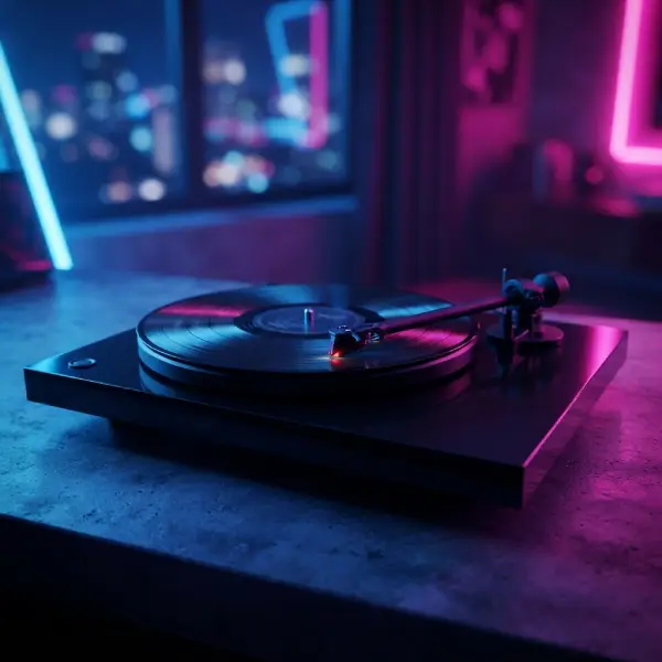 Tocadiscos iluminado con luces de neón en un ambiente de debate sobre música urbana y pop comercial.