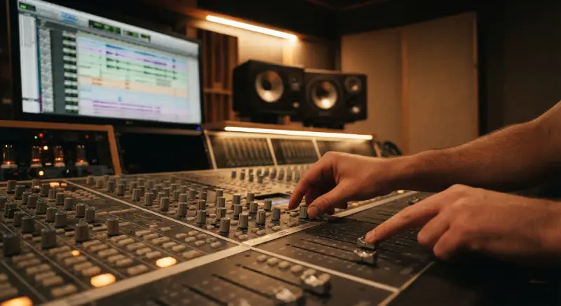 Consola de mezclas en un estudio de grabación profesional durante el proceso de producción de un éxito musical.