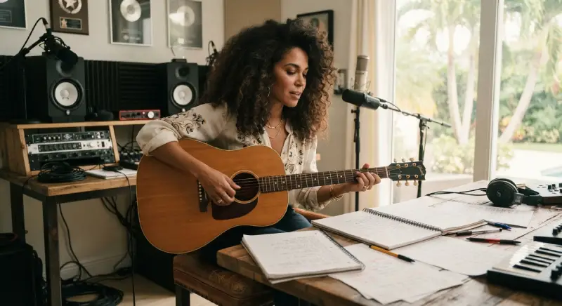 Representación de Erika Ender trabajando en la composición inicial de canciones con una guitarra acústica en un estudio de Miami.