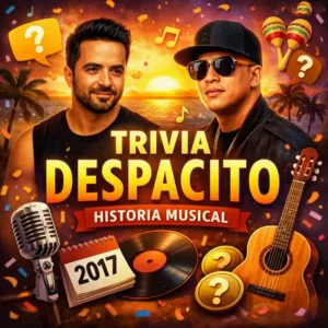 Daddy Yankee trivia Ilustración cuadrada de trivia musical sobre la historia de “Despacito” de Luis Fonsi y Daddy Yankee. En el centro, el título “TRIVIA DESPACITO” resalta con letras luminosas sobre un fondo cálido de atardecer tropical. A los lados aparecen los retratos de ambos artistas, acompañados de íconos de micrófono, guitarra, vinilo y signos de interrogación que evocan el tono lúdico y cultural de la publicación.
